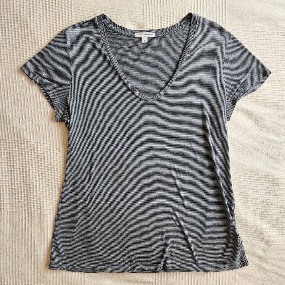 James Perse Striped V-Neck Essential T-Shirt Black White Made in USA Women 4